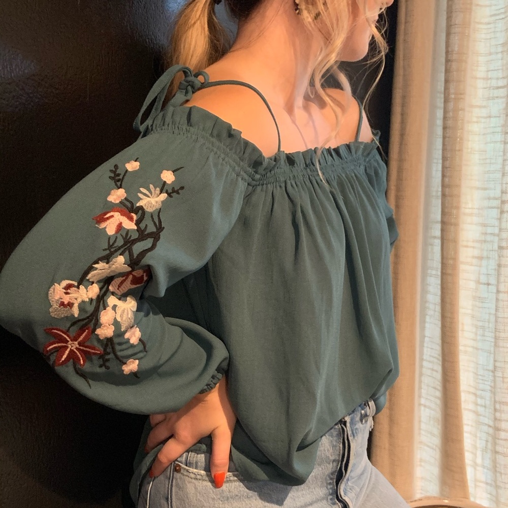 Aqua-Marine Off the Shoulder Embroidered Blouse